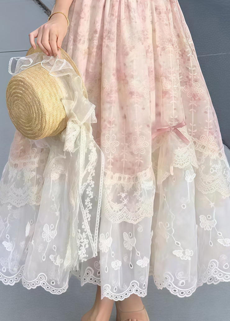 Bohemian Pink Puff Sleeve Patchwork Bow Party Dress Summer