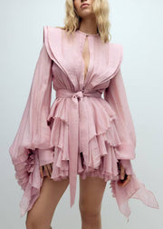 Bohemian Pink Ruffled Cotton Mini Dress Lantern Sleeve