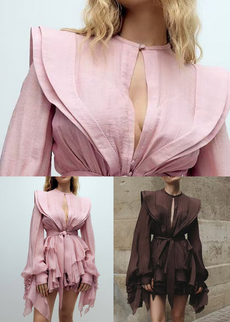 Bohemian Pink Ruffled Cotton Mini Dress Lantern Sleeve