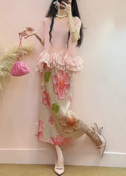 Bohemian Pink Ruffled Patchwork Jacquard Silk Two Pieces Set Summer