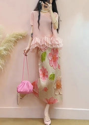 Bohemian Pink Ruffled Patchwork Jacquard Silk Two Pieces Set Summer