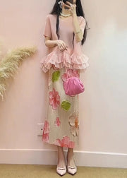 Bohemian Pink Ruffled Patchwork Jacquard Silk Two Pieces Set Summer