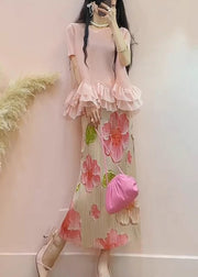 Bohemian Pink Ruffled Patchwork Jacquard Silk Two Pieces Set Summer