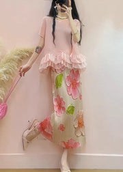 Bohemian Pink Ruffled Patchwork Jacquard Silk Two Pieces Set Summer