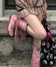 Bohemian Pink Suede Splicing Chunky Boots Tassel