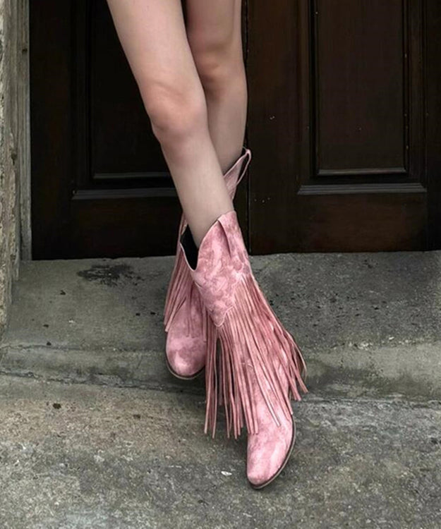 Bohemian Pink Suede Splicing Chunky Boots Tassel