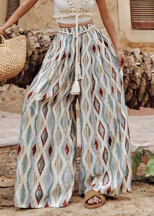 Bohemian Plaid Print Elastic Waist Cotton Wide Leg Pants Summer