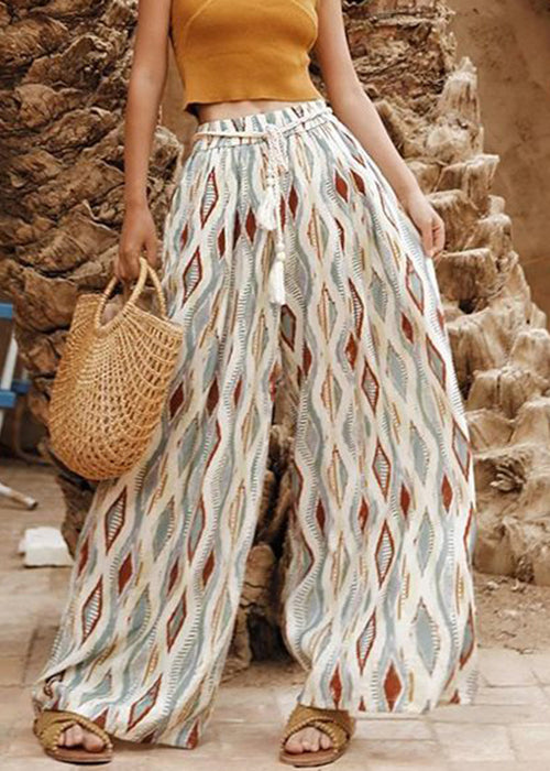 Bohemian Plaid Print Elastic Waist Cotton Wide Leg Pants Summer