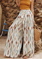 Bohemian Plaid Print Elastic Waist Cotton Wide Leg Pants Summer
