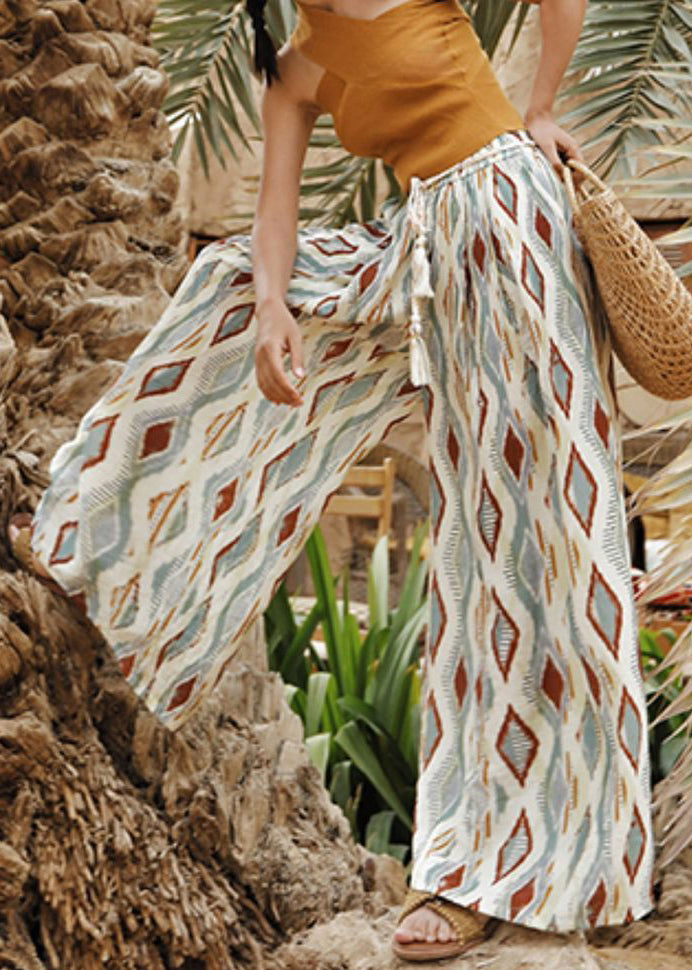 Bohemian Plaid Print Elastic Waist Cotton Wide Leg Pants Summer