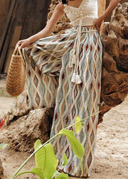 Bohemian Plaid Print Elastic Waist Cotton Wide Leg Pants Summer