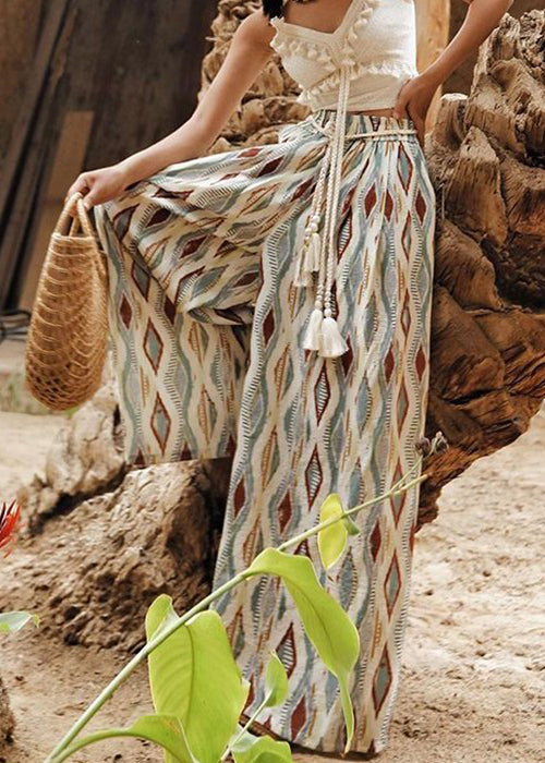 Bohemian Plaid Print Elastic Waist Cotton Wide Leg Pants Summer