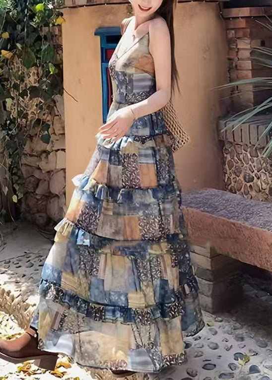 Bohemian Plaid Print Ruffled Patchwork Cotton Spaghetti Strap Dress Sleeveless
