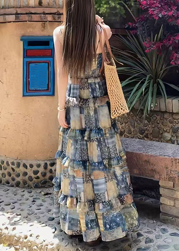 Bohemian Plaid Print Ruffled Patchwork Cotton Spaghetti Strap Dress Sleeveless