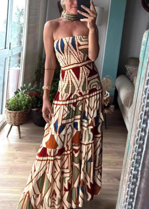Bohemian Print Cold Shoulder Patchwork Cotton Long Dress Sleeveless