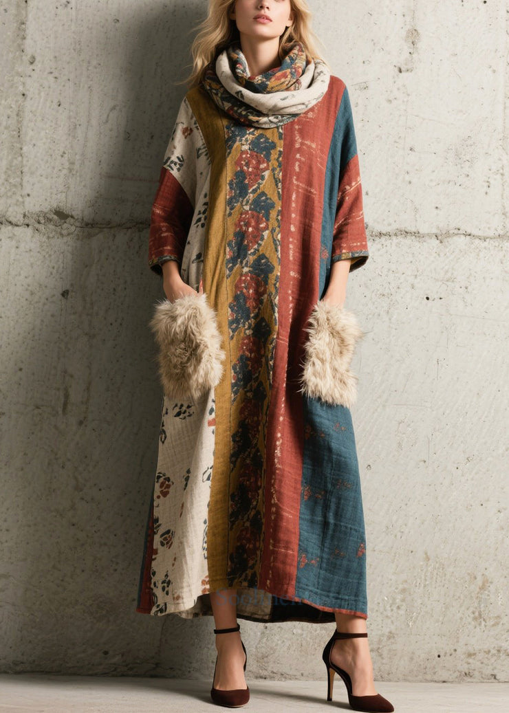Bohemian Print Patchwork Faux Fur Holiday Dress Bracelet Sleeve
