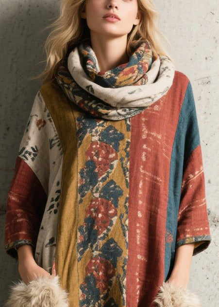Bohemian Print Patchwork Faux Fur Holiday Dress Bracelet Sleeve