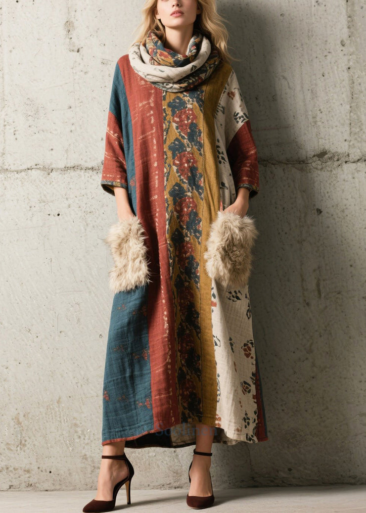 Bohemian Print Patchwork Faux Fur Holiday Dress Bracelet Sleeve