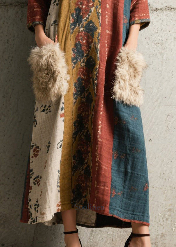 Bohemian Print Patchwork Faux Fur Holiday Dress Bracelet Sleeve