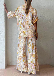 Bohemian Print Shirts And Wide Leg Pants Two Pieces Set Summer