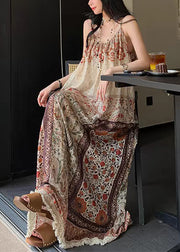 Bohemian Print Tasseled Pockets Patchwork Cotton Spaghetti Strap Dress Sleeveless