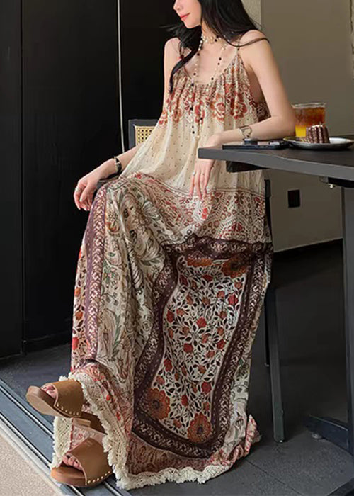 Bohemian Print Tasseled Pockets Patchwork Cotton Spaghetti Strap Dress Sleeveless
