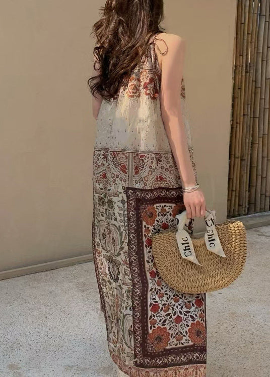 Bohemian Print Tasseled Pockets Patchwork Cotton Spaghetti Strap Dress Sleeveless