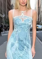 Bohemian Print Tulle Patchwork Side Open Holiday Dress Sleeveless