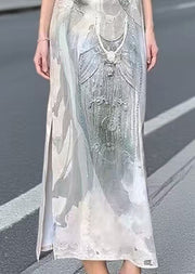 Bohemian Print Tulle Patchwork Side Open Holiday Dress Sleeveless