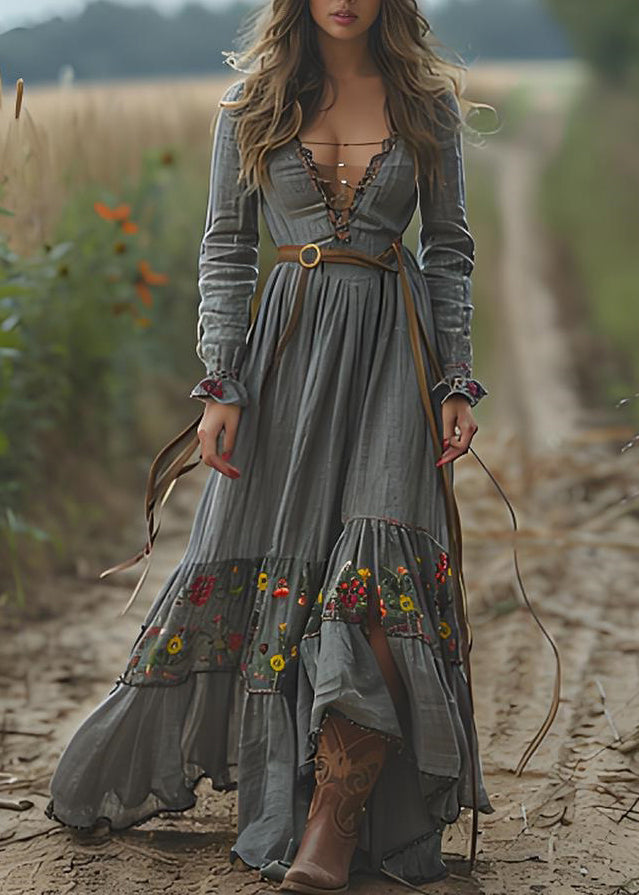 Bohemian Print Wrinkled Patchwork Cotton Long Dresses Spring