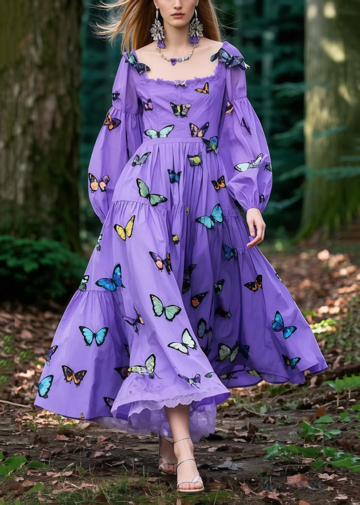 Bohemian Purple Butterfly Exra Large Hem Cotton Holiday Dress Spring