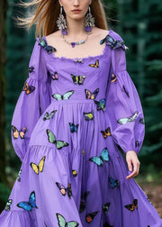 Bohemian Purple Butterfly Exra Large Hem Cotton Holiday Dress Spring