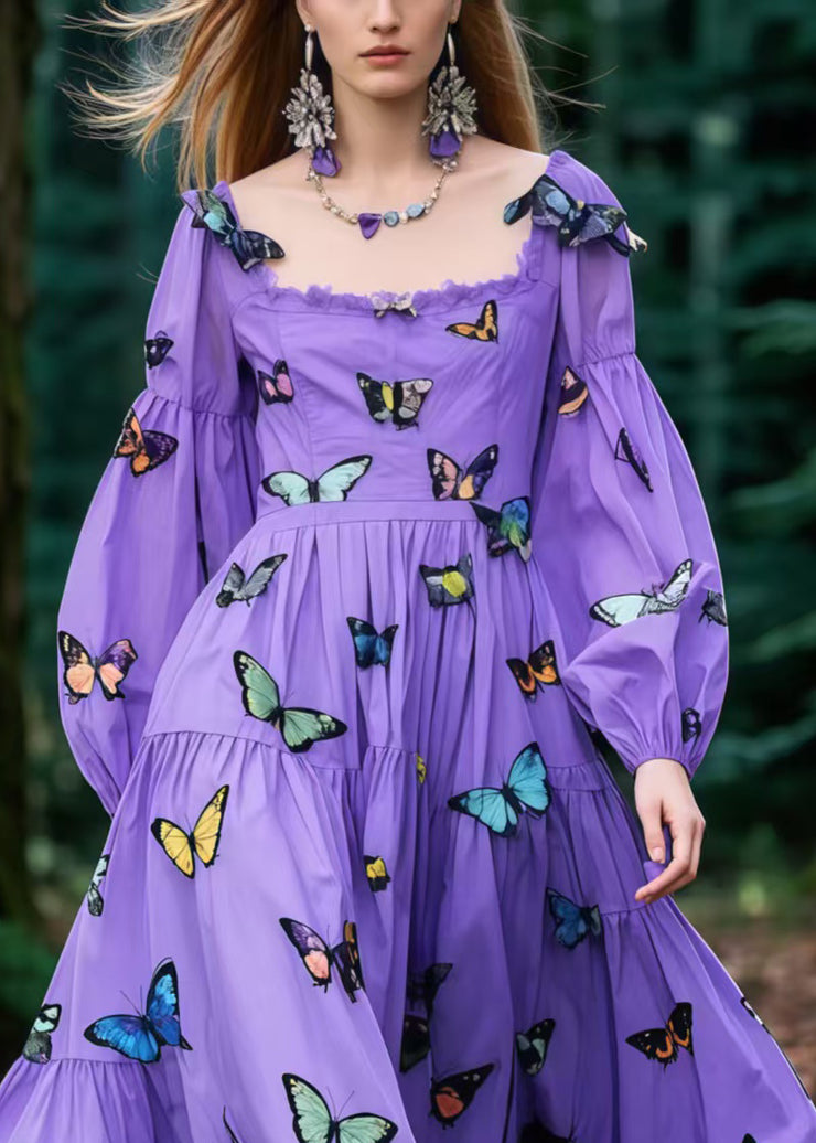 Bohemian Purple Butterfly Exra Large Hem Cotton Holiday Dress Spring
