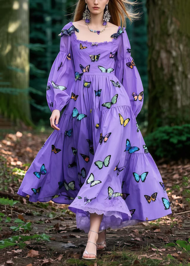 Bohemian Purple Butterfly Exra Large Hem Cotton Holiday Dress Spring