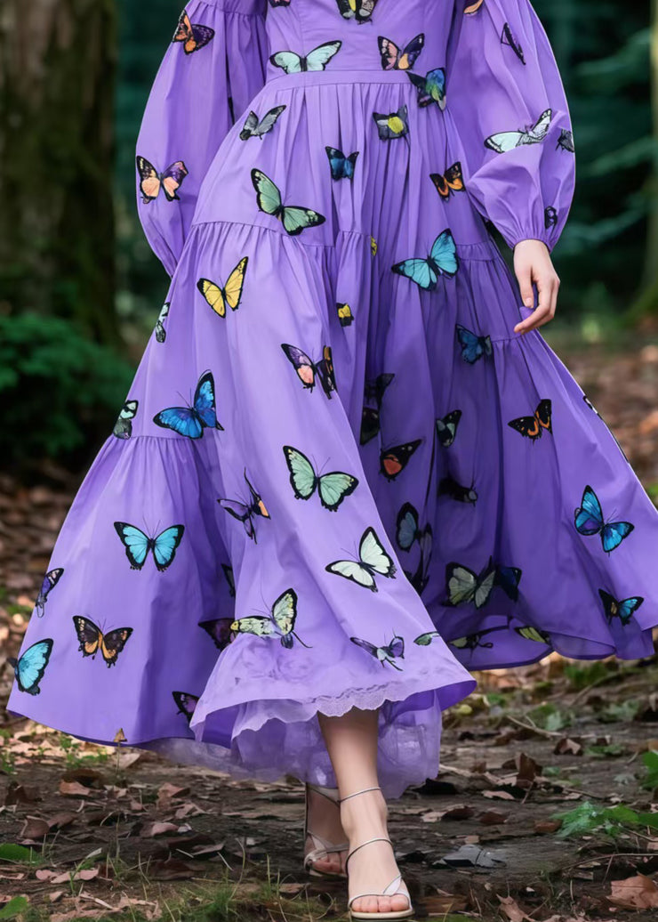 Bohemian Purple Butterfly Exra Large Hem Cotton Holiday Dress Spring