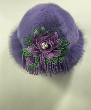 Bohemian Purple Embroidered Faux Fur Bucket Hat