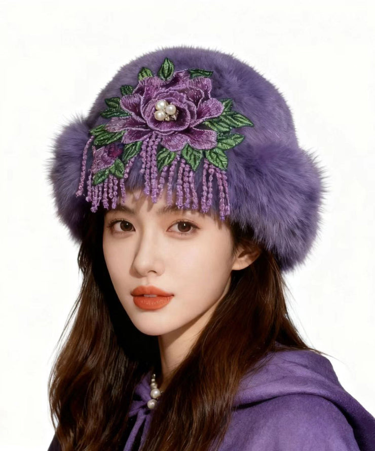 Bohemian Purple Embroidered Faux Fur Bucket Hat