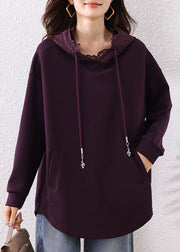 Bohemian Purple Hooded Cotton Loose Sweatshirts Top Fall