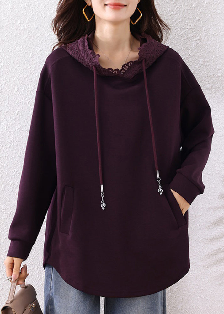 Bohemian Purple Hooded Cotton Loose Sweatshirts Top Fall