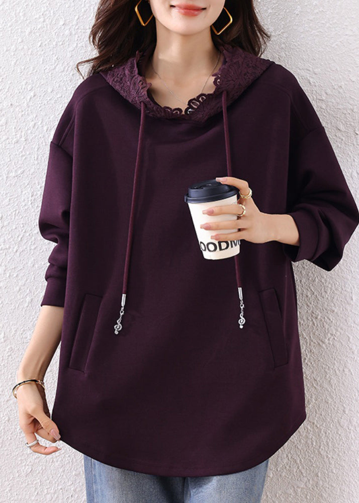 Bohemian Purple Hooded Cotton Loose Sweatshirts Top Fall
