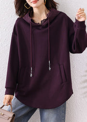Bohemian Purple Hooded Cotton Loose Sweatshirts Top Fall