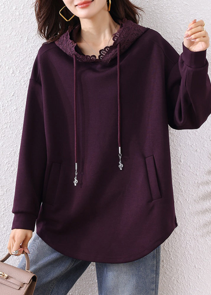 Bohemian Purple Hooded Cotton Loose Sweatshirts Top Fall