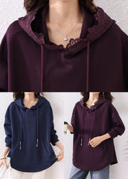 Bohemian Purple Hooded Cotton Loose Sweatshirts Top Fall