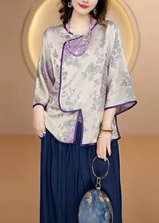 Bohemian Purple O-Neck Jacquard Button Silk Top Fall