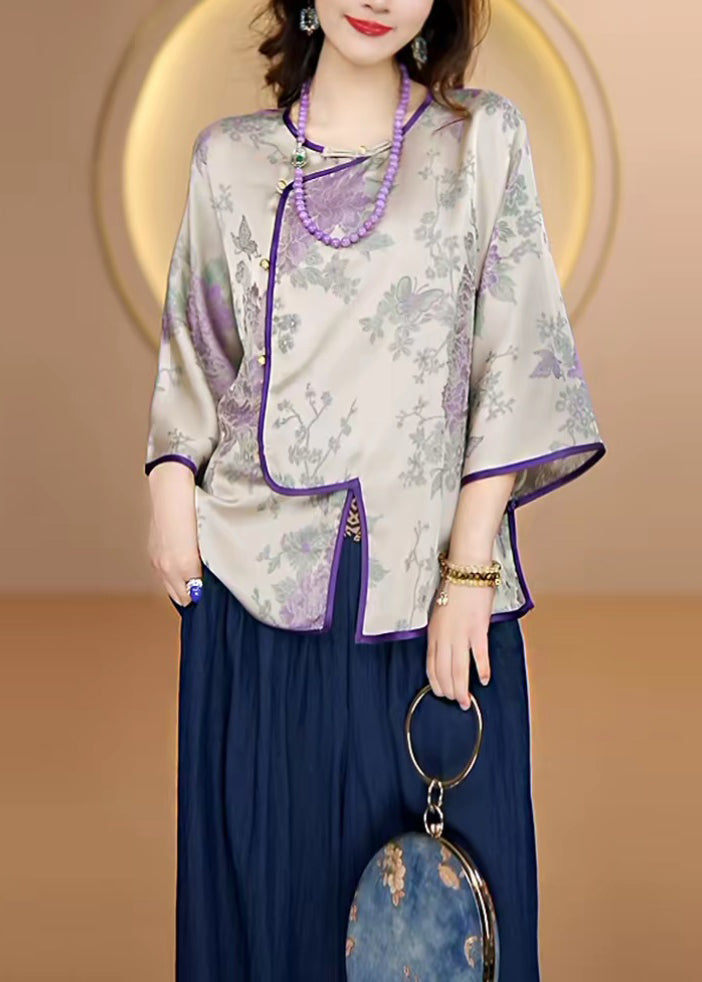 Bohemian Purple O-Neck Jacquard Button Silk Top Fall