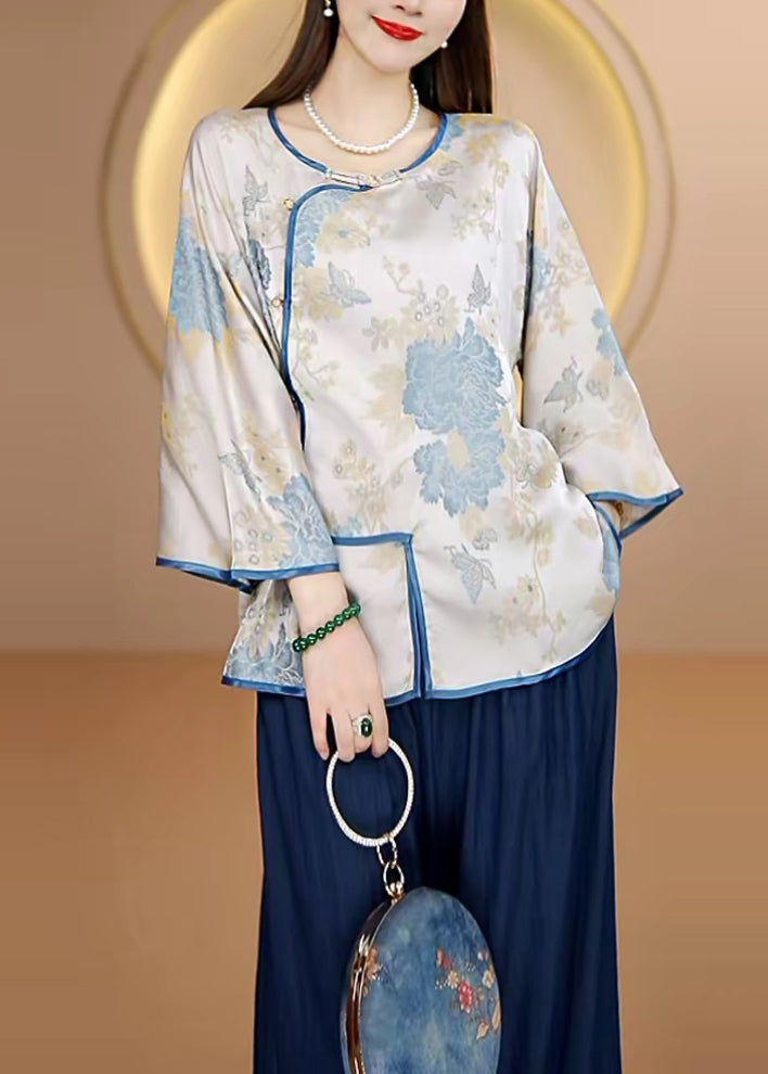 Bohemian Purple O-Neck Jacquard Button Silk Top Fall