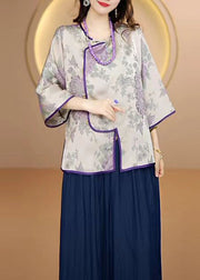 Bohemian Purple O-Neck Jacquard Button Silk Top Fall