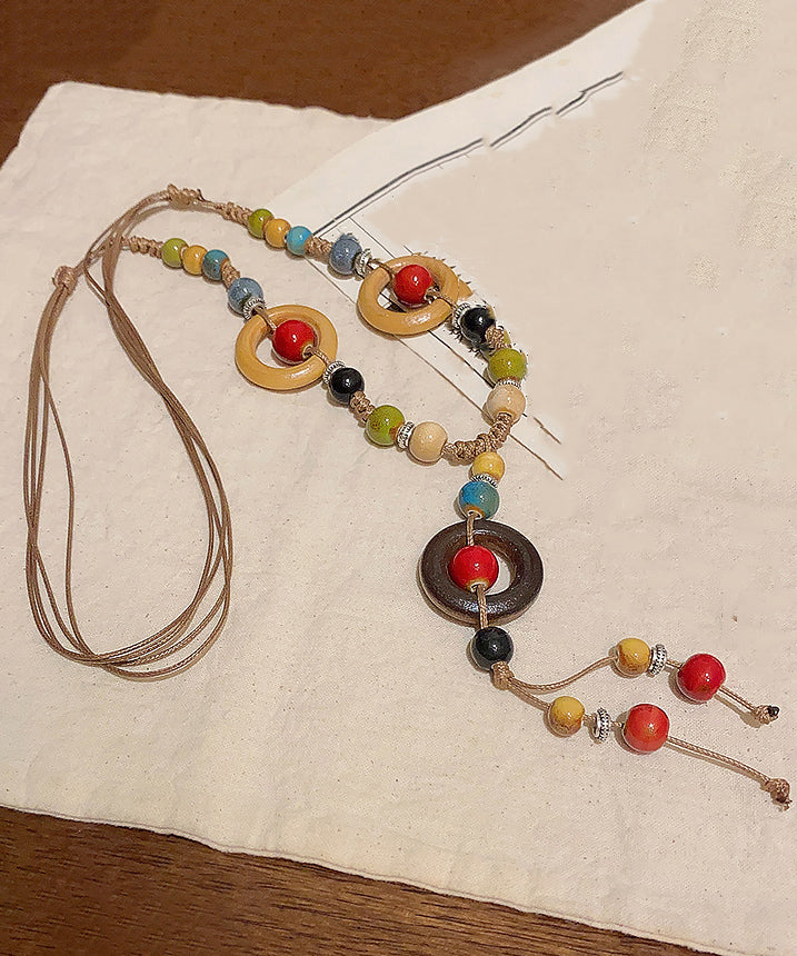 Bohemian Rainbow Nylon Rope Ceramic Beads Pendant Necklace