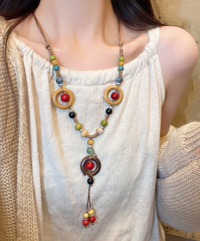 Bohemian Rainbow Nylon Rope Ceramic Beads Pendant Necklace