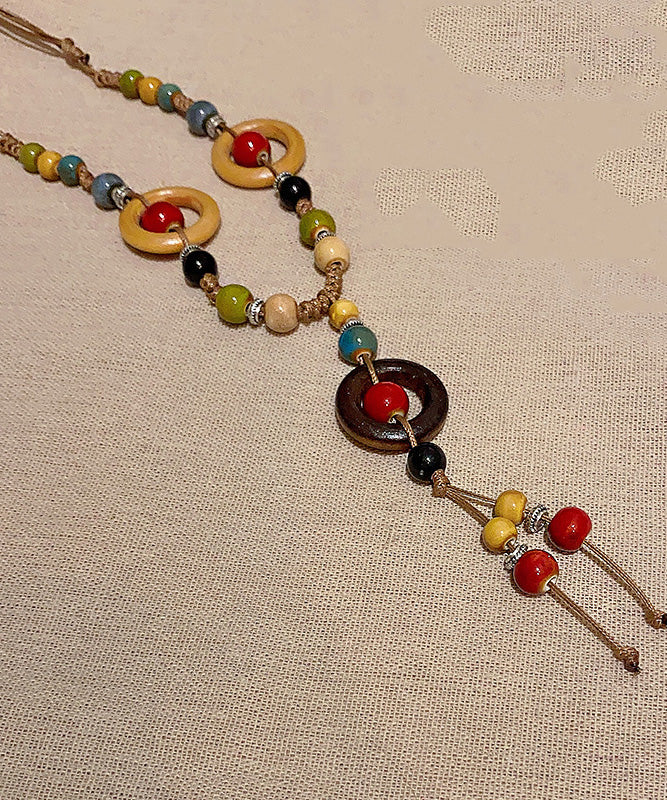 Bohemian Rainbow Nylon Rope Ceramic Beads Pendant Necklace